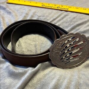 SHYANNE woman’s XL Brown Leather Belt Silver Buckle Americana  cowgirl flag